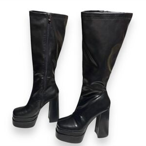 LEHOOR Chunky High Heel Platform Knee High Boots